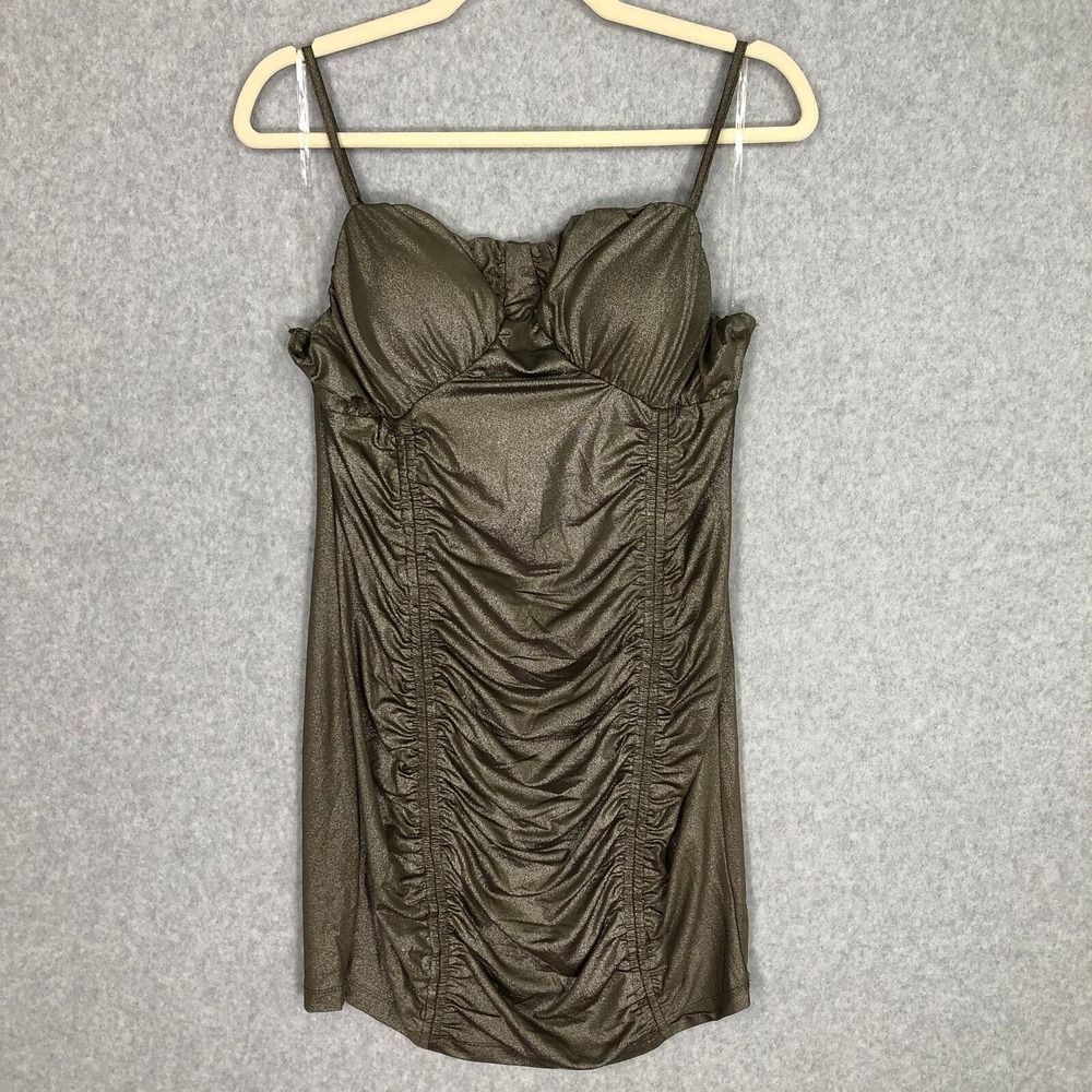 Bronze Metallic Ruched Mini Dress Large‎ Party Club NYE Sexy HOCO Tight Stretch